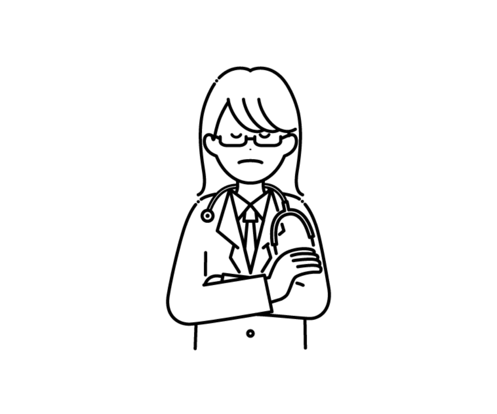 白衣を着て腕を組んで悩む女性医師の白黒イラスト