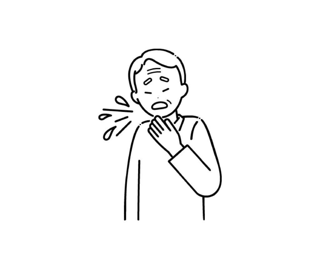 くしゃみをする高齢男性の白黒イラスト