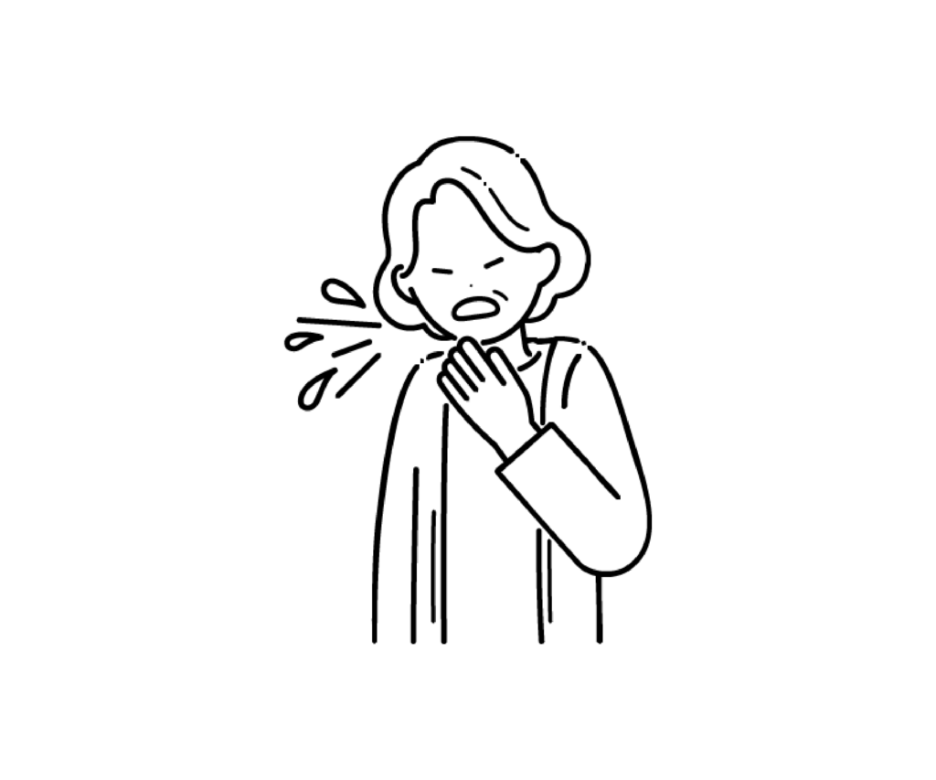 くしゃみをする高齢女性の白黒イラスト