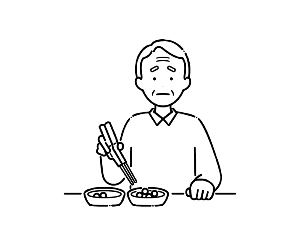 箸でリハビリをする高齢男性の白黒イラスト