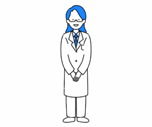 身体の前で手を組む眼鏡をかけた女性医師のイラスト