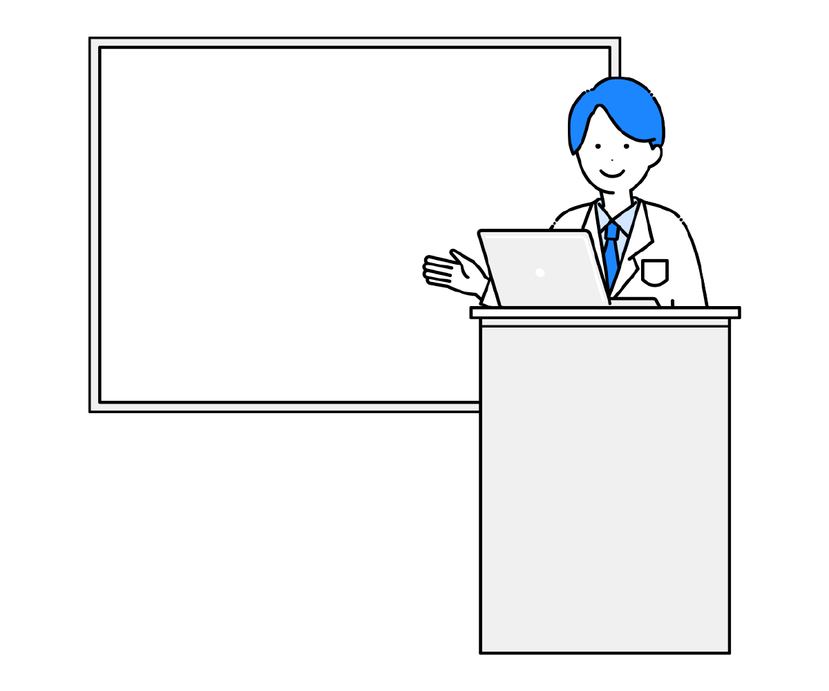 ボードで説明をする白衣の男性のイラスト