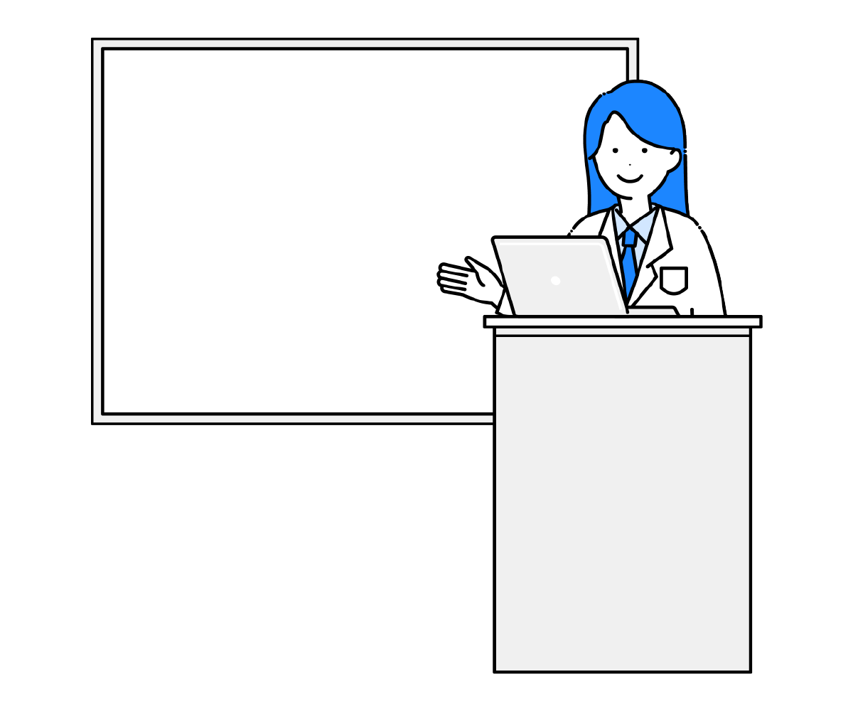 ボードで説明をする白衣の女性のイラスト