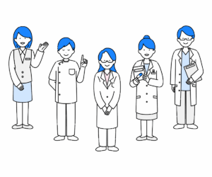 医療事務と医療従事者たちの集合イラスト