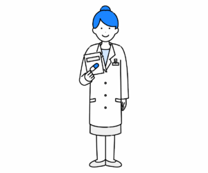 薬を持って白衣を着た女性薬剤師のイラスト