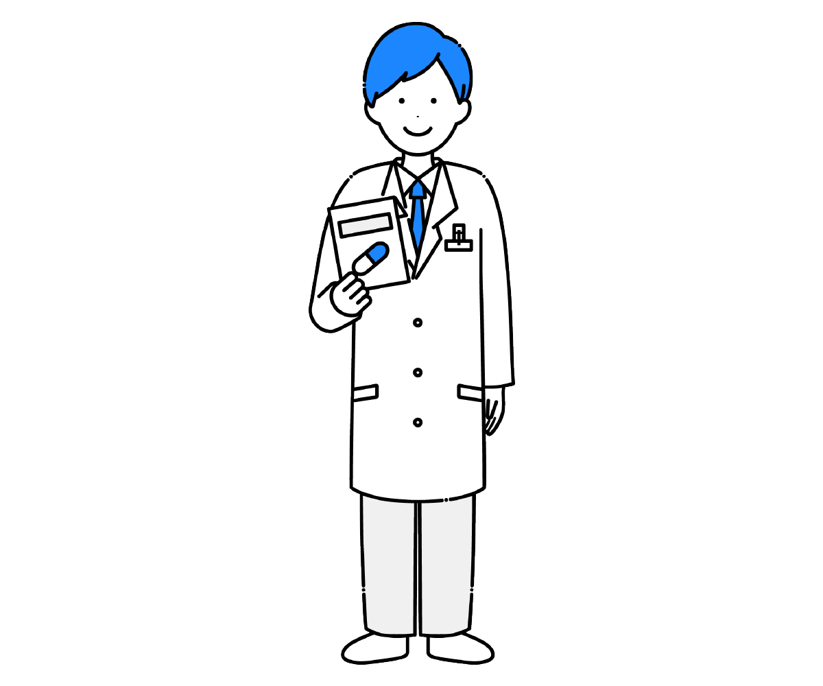 薬を持って白衣を着た男性薬剤師のイラスト