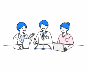 机に座って話し合う医療従事者たちのイラスト