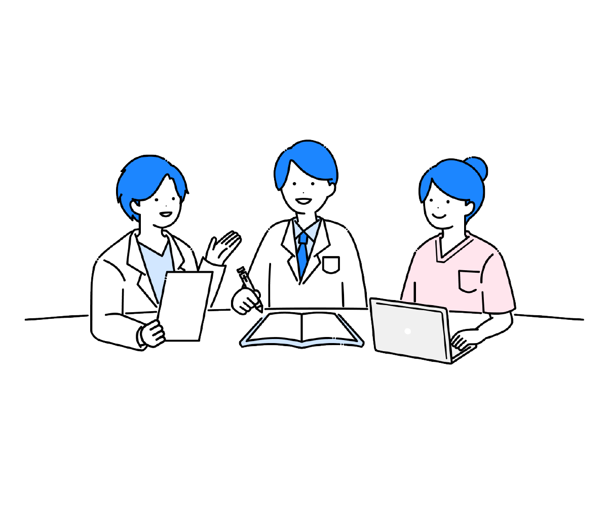 机に座って話し合う医療従事者たちのイラスト