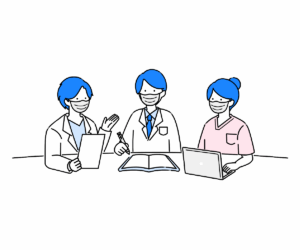 机でマスクを着用して話し合う医療従事者たちのイラスト