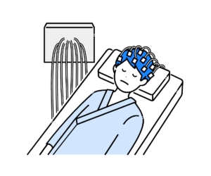 横になり脳波検査を受ける男性と装置のイラスト