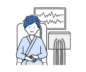 座って脳波検査を受ける男性と装置のイラスト