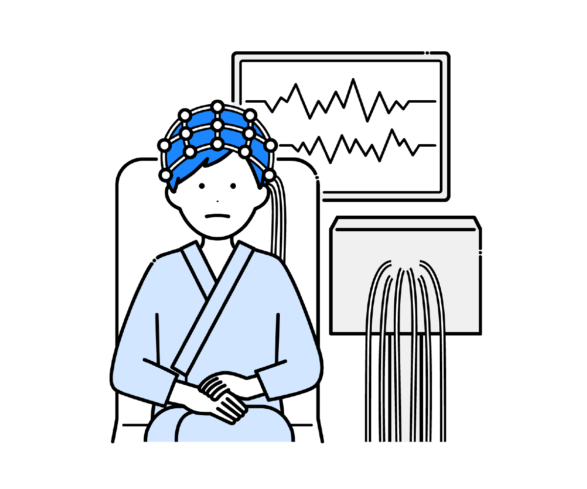 座って脳波検査を受ける男性と装置のイラスト