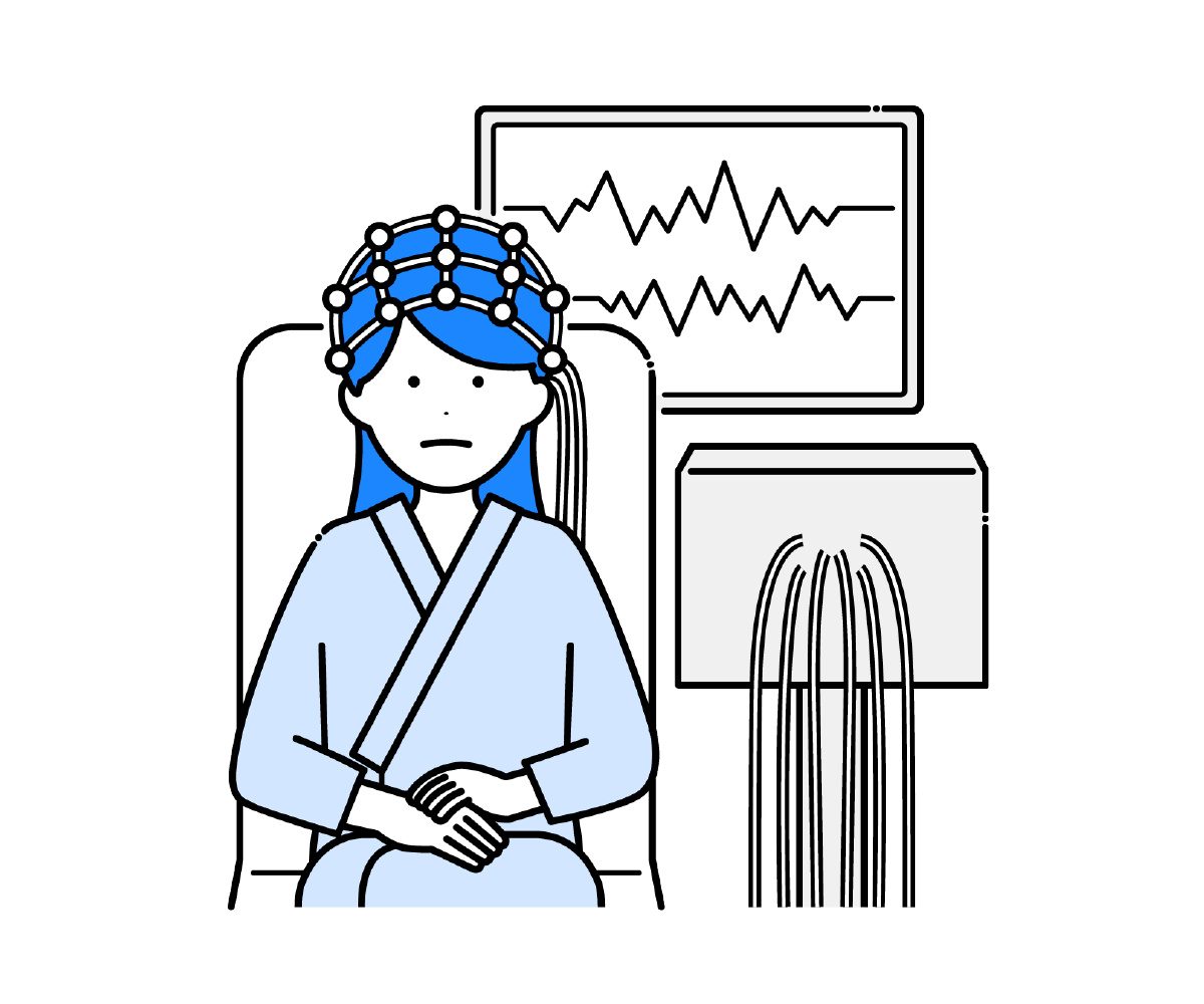 座って脳波検査を受ける女性と装置のイラスト