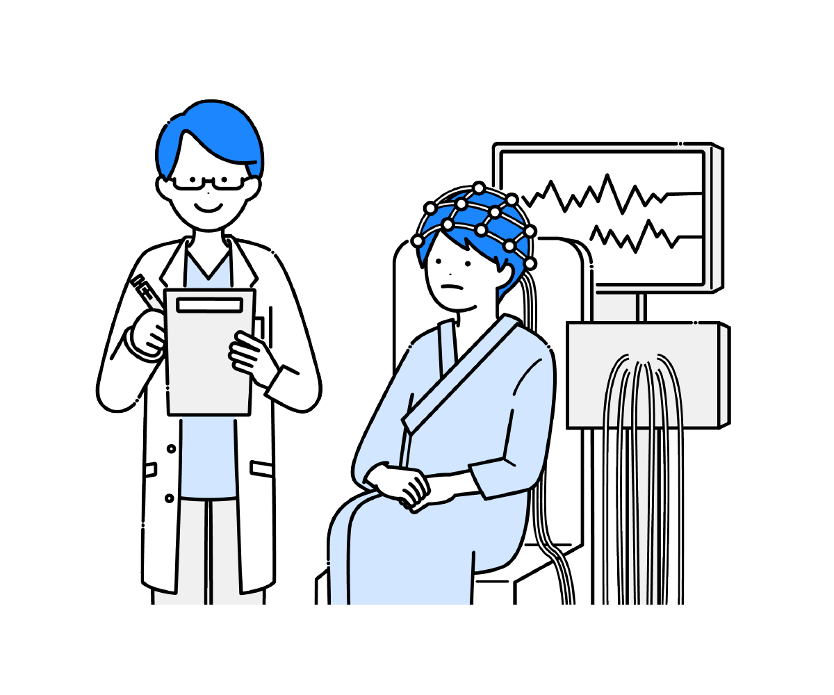 座って脳波検査を受ける男性と検査技師のイラスト