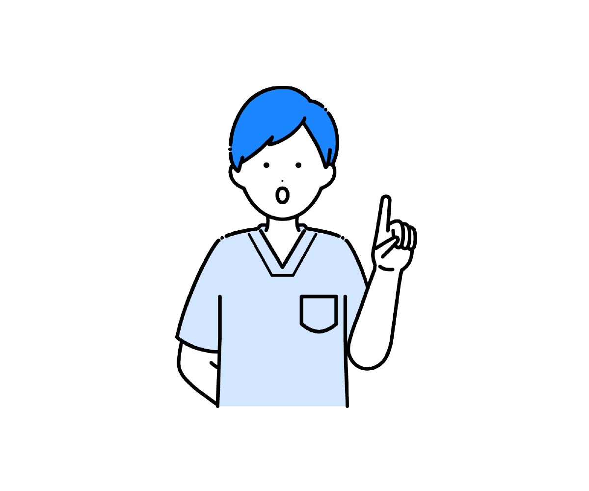 スクラブ姿で指を立てて話す男性看護師のイラスト
