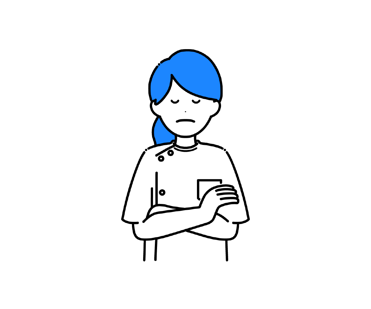 ケーシー姿で腕を組んで悩む女性看護師のイラスト