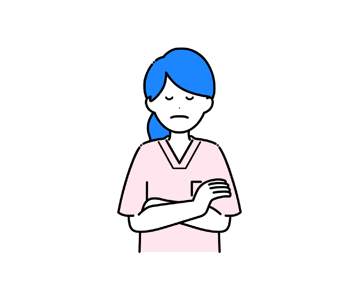 スクラブ姿で腕を組んで悩む女性看護師のイラスト