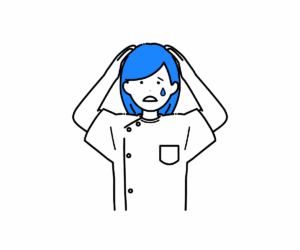 ケーシー姿で頭を抱え焦る女性看護師のイラスト