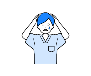 スクラブ姿で頭を抱え焦る男性看護師のイラスト