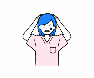 スクラブ姿で頭を抱え焦る女性看護師のイラスト