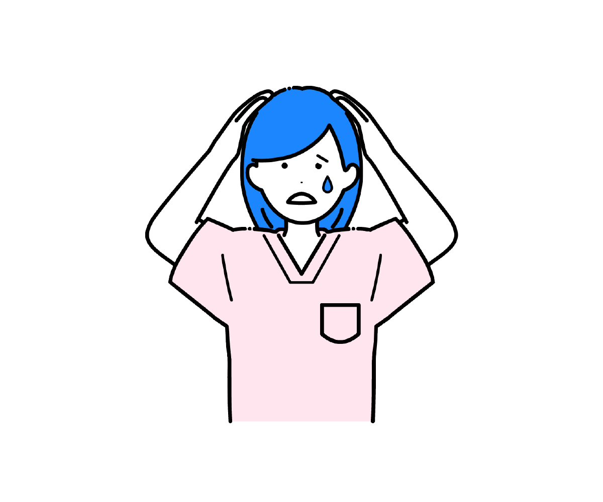 スクラブ姿で頭を抱え焦る女性看護師のイラスト