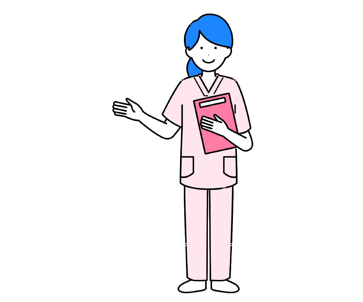 スクラブ姿でバインダーを持つ女性看護師のイラスト