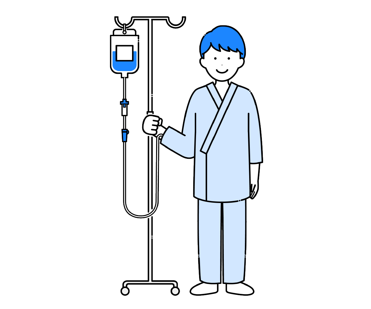 点滴スタンドを持って立つ男性患者のイラスト