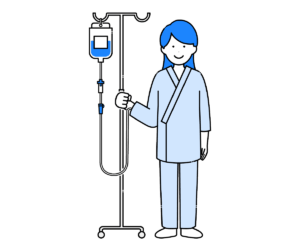 点滴スタンドを持って立つ女性患者のイラスト