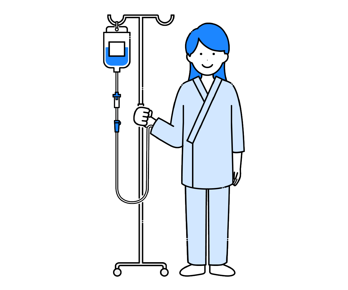 点滴スタンドを持って立つ女性患者のイラスト