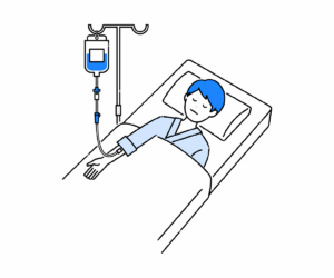 ベッドに横になり点滴を打つ男性患者のイラスト