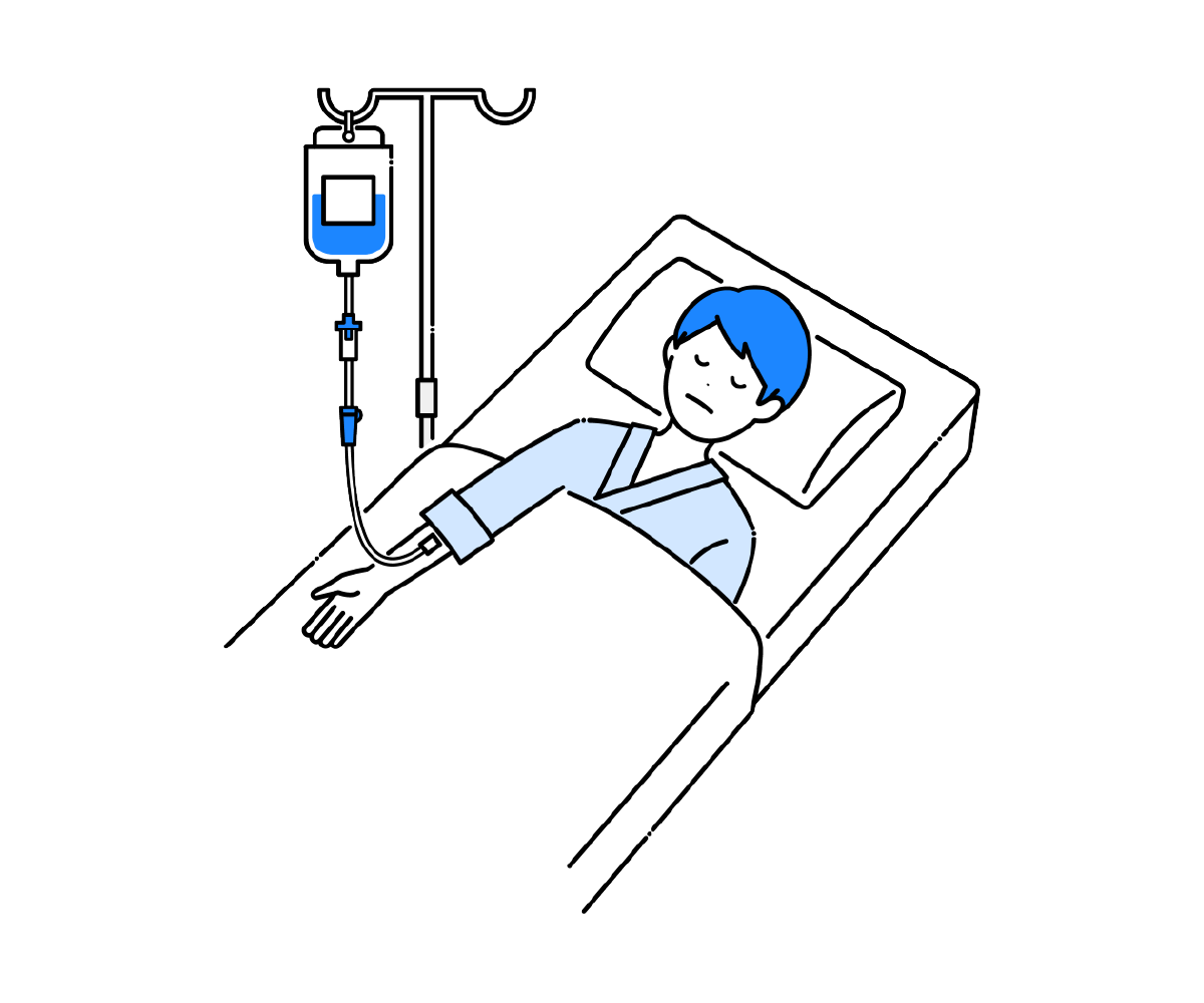 ベッドに横になり点滴を打つ男性患者のイラスト