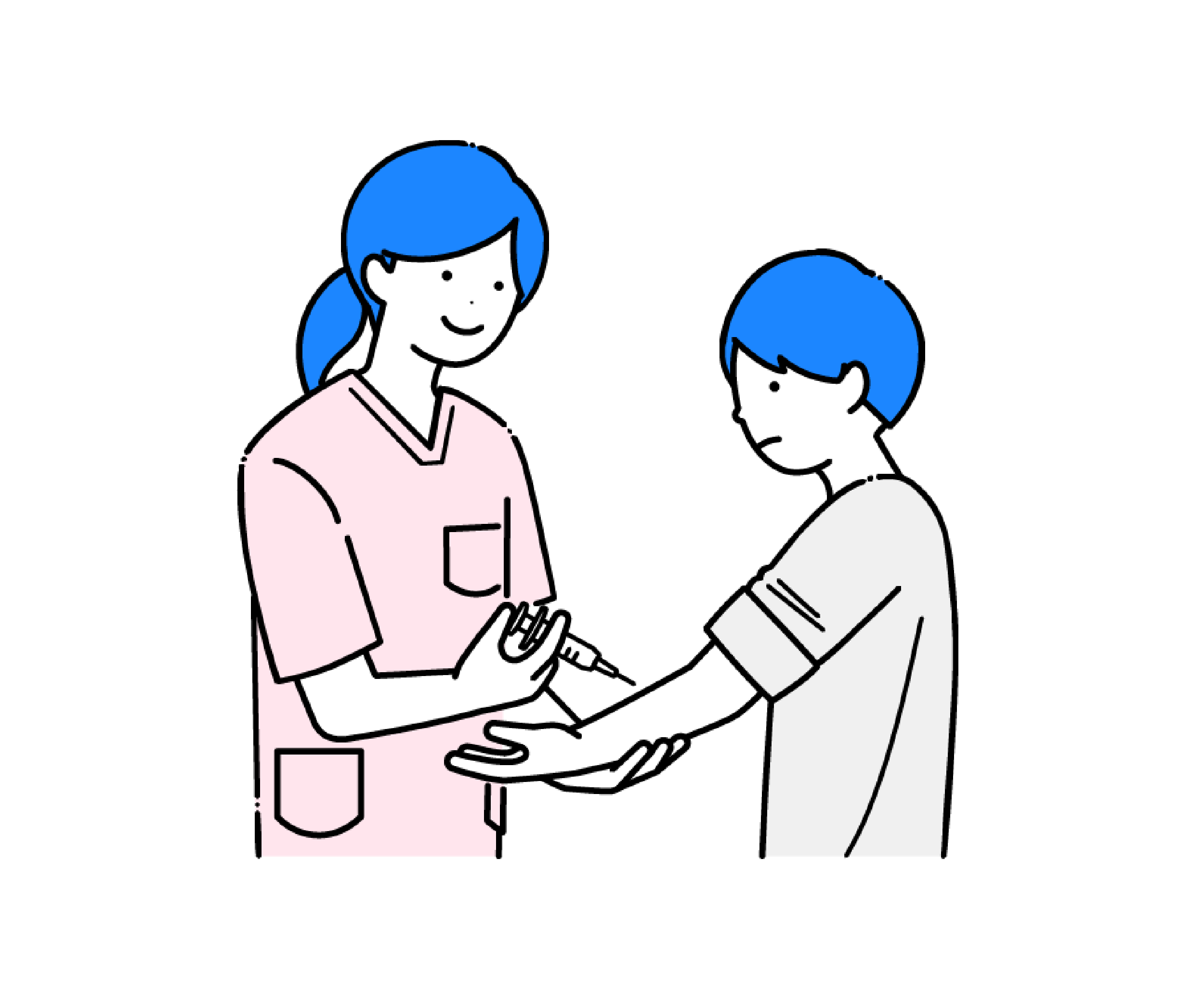 注射をするスクラブ姿の女性看護師のイラスト