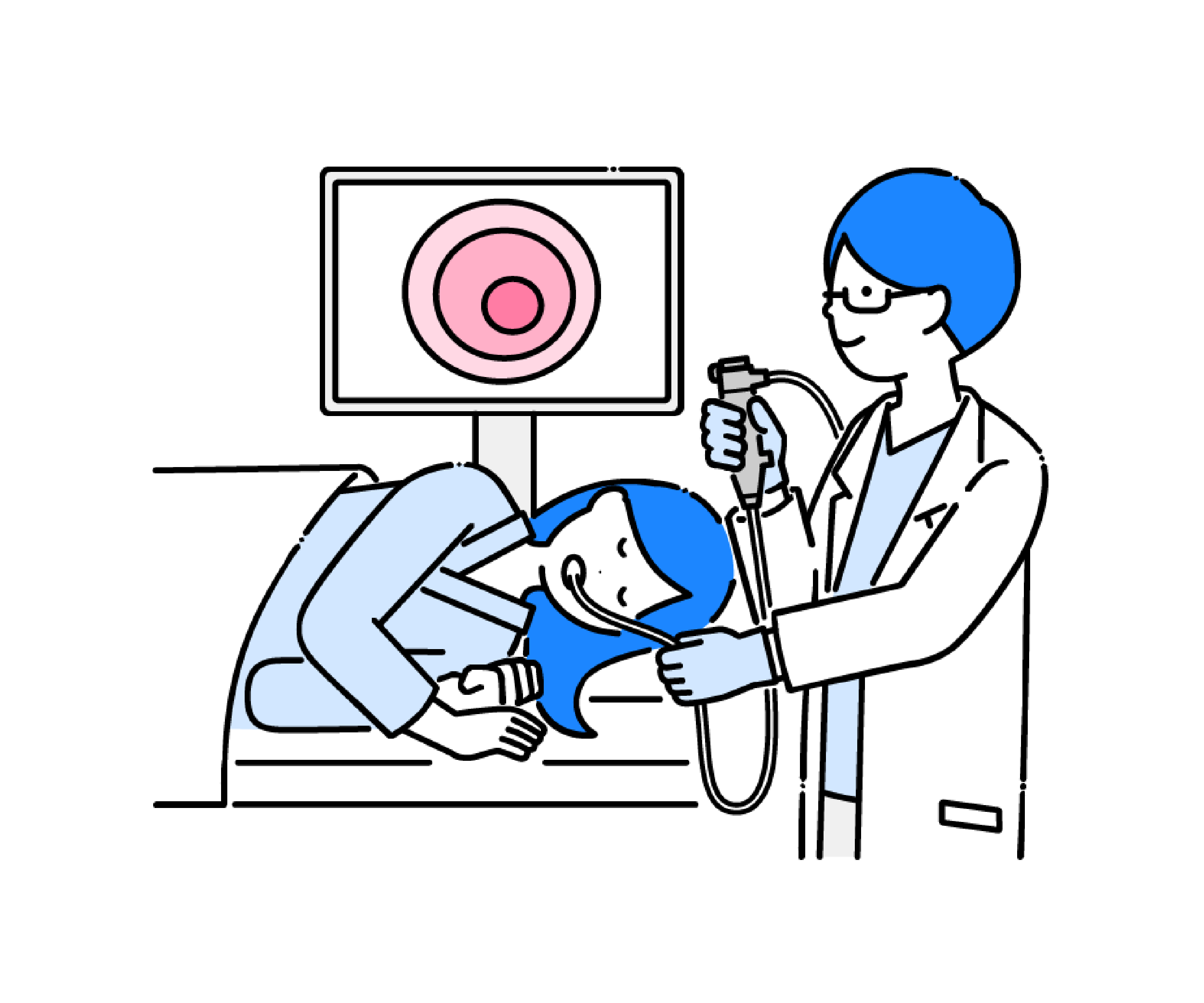 内視鏡検査をする白衣の医師と患者のイラスト