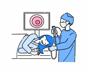 内視鏡検査をする手術着の医師と患者のイラスト