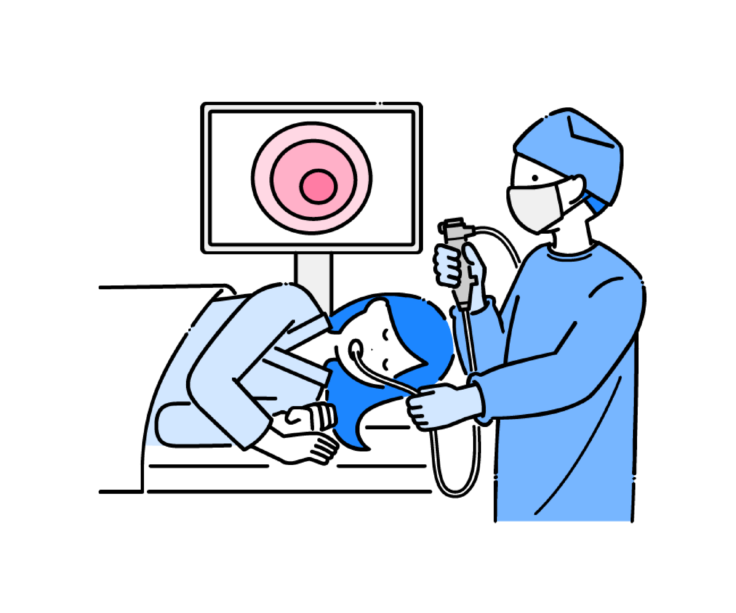内視鏡検査をする手術着の医師と患者のイラスト