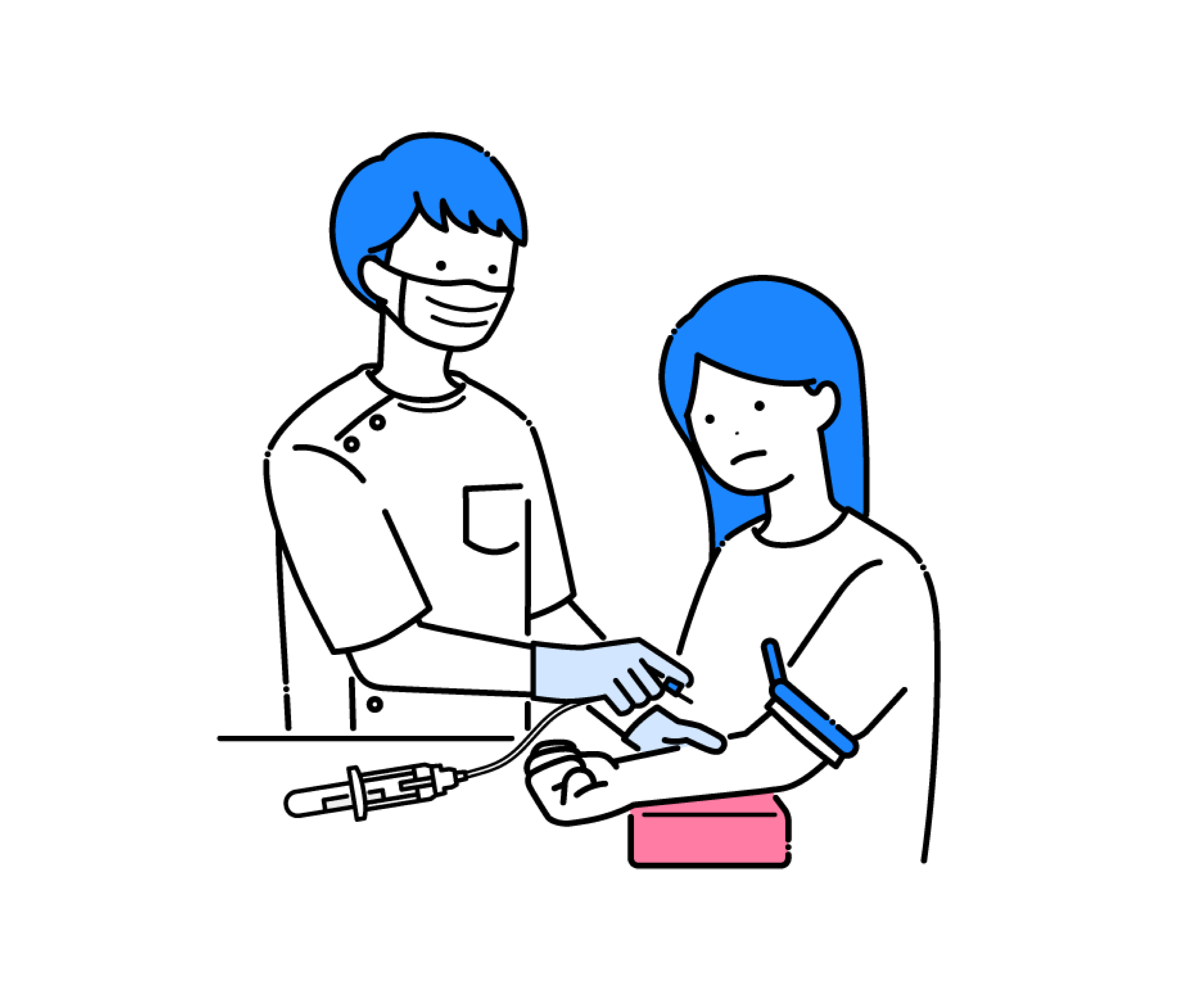 マスクをして採血をするケーシー姿の男性看護師のイラスト