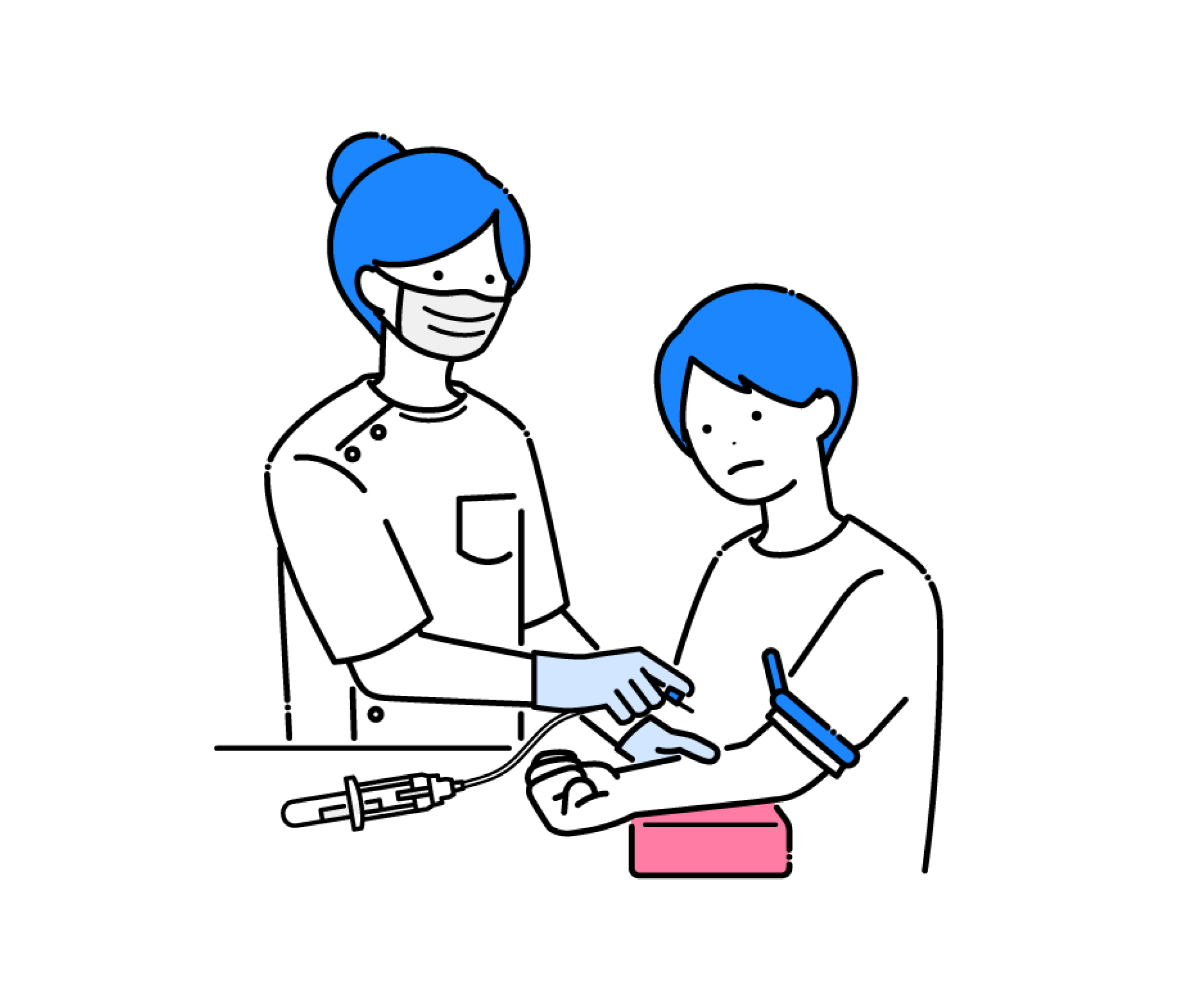 マスクをして採血をするケーシー姿の女性看護師のイラスト