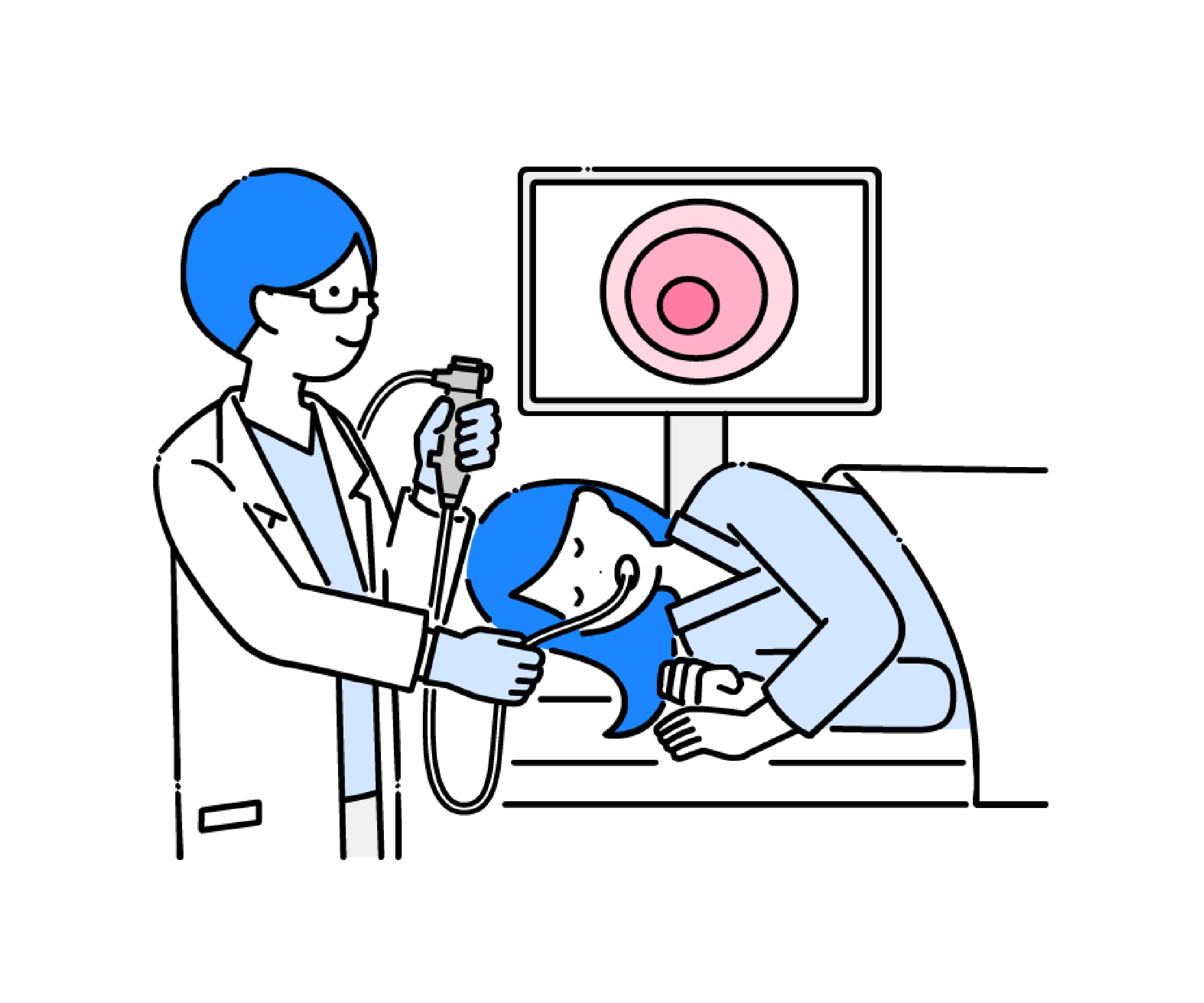内視鏡検査をする白衣の医師と患者のイラスト