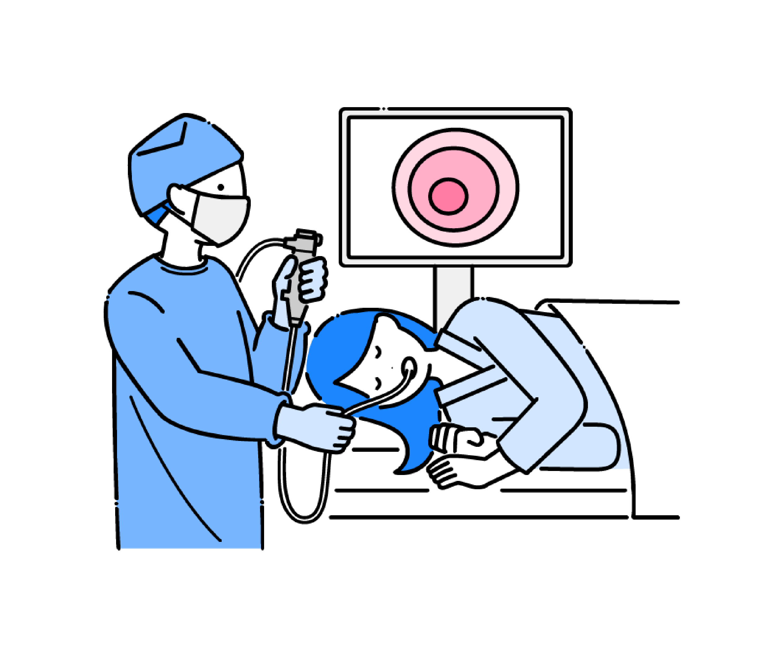 内視鏡検査をする手術着の医師と患者のイラスト