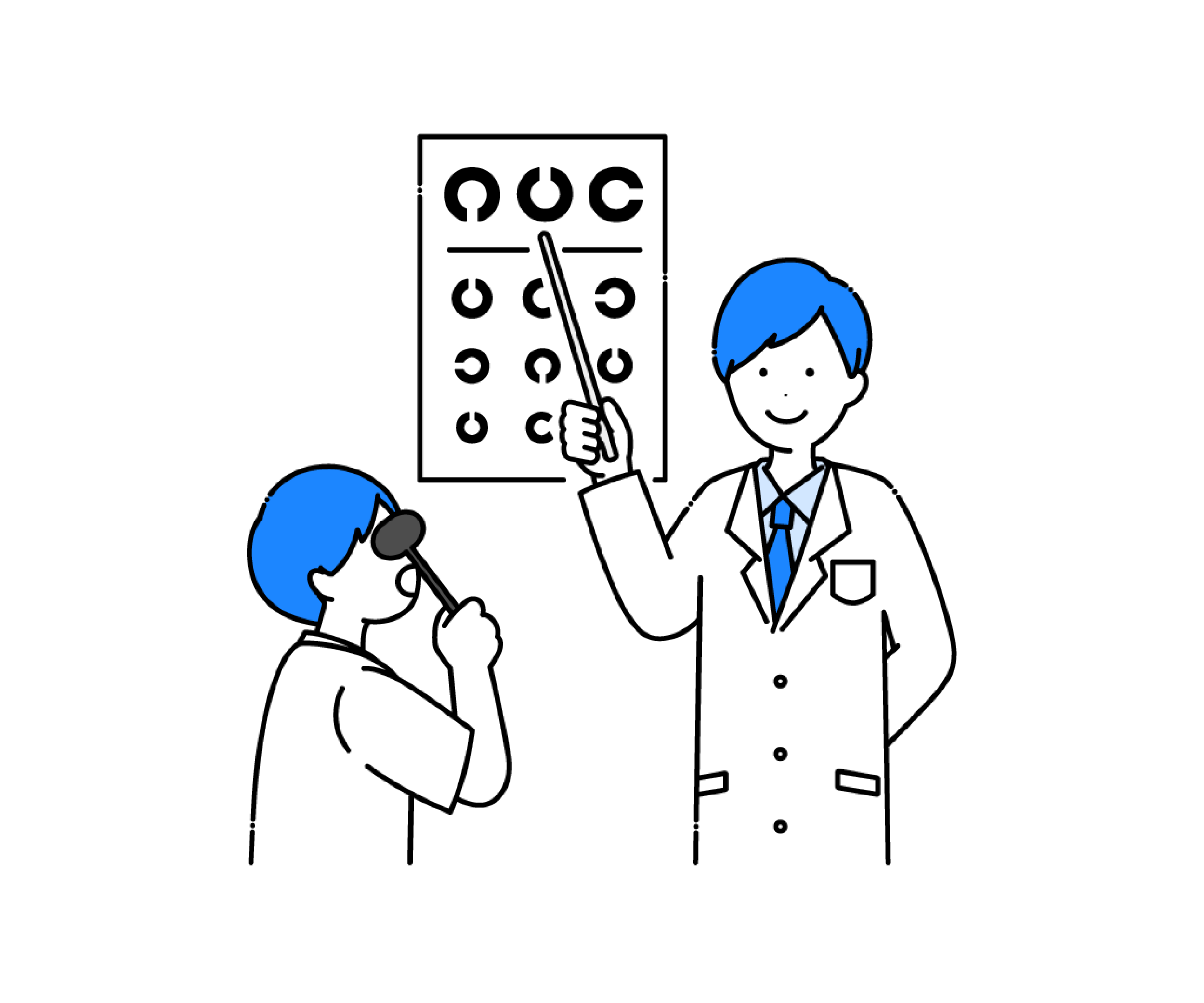 視力検査をする男性医師と男性のイラスト
