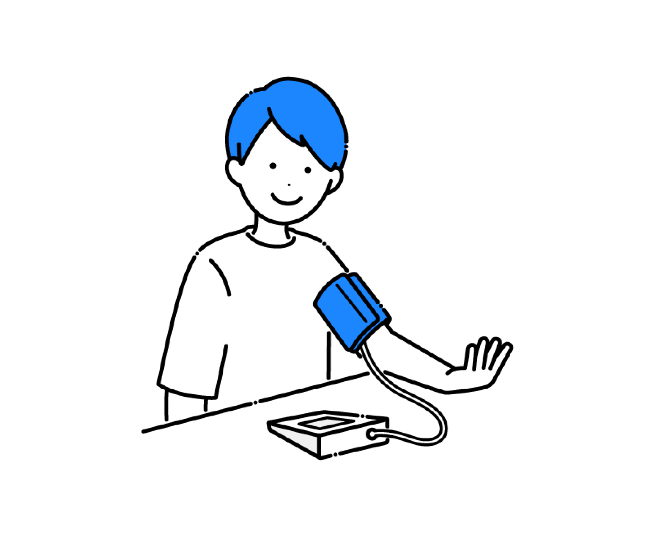 電子血圧計で血圧をはかる男性のイラスト