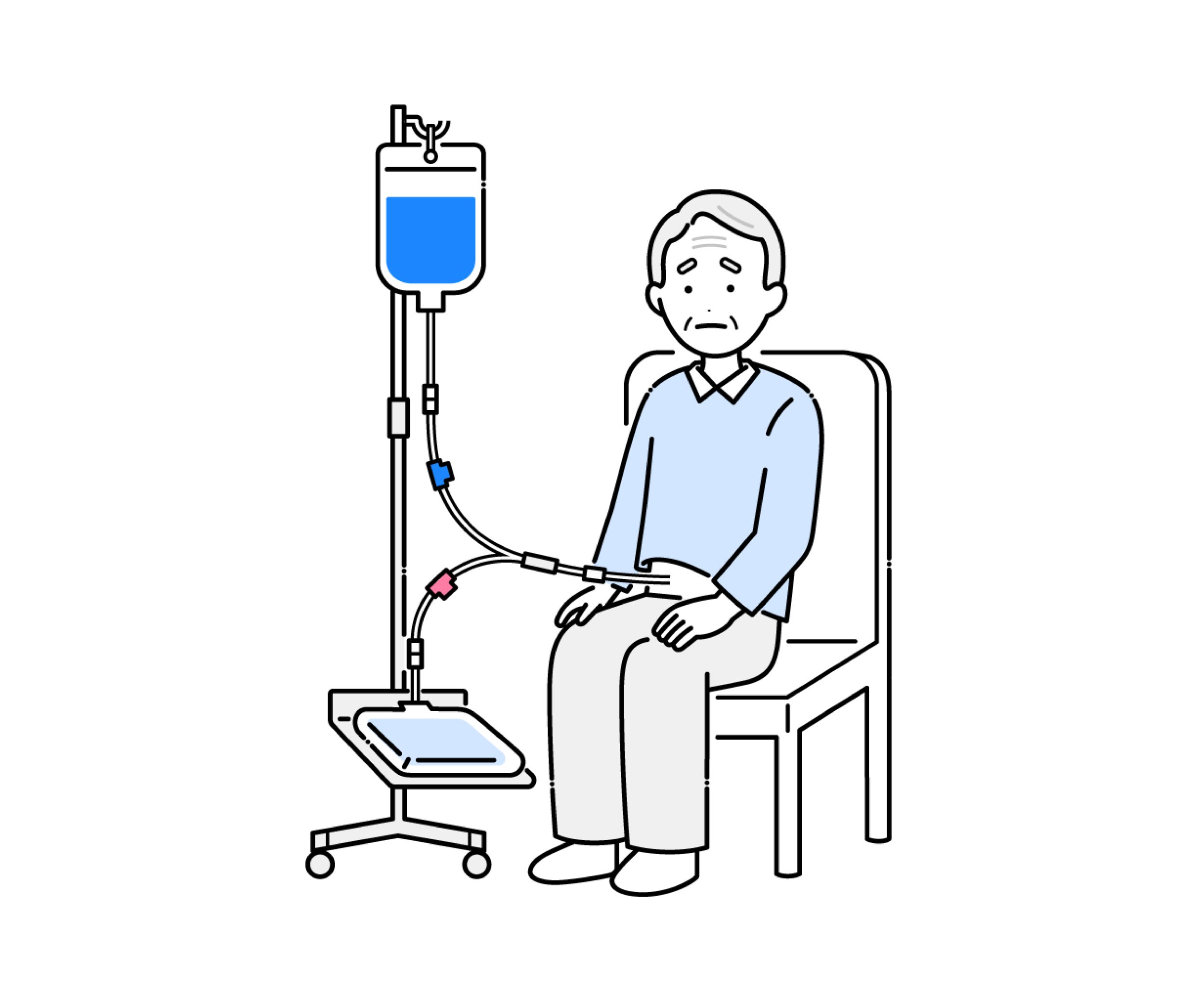 腹膜透析（CAPD）を行う高齢男性のイラスト