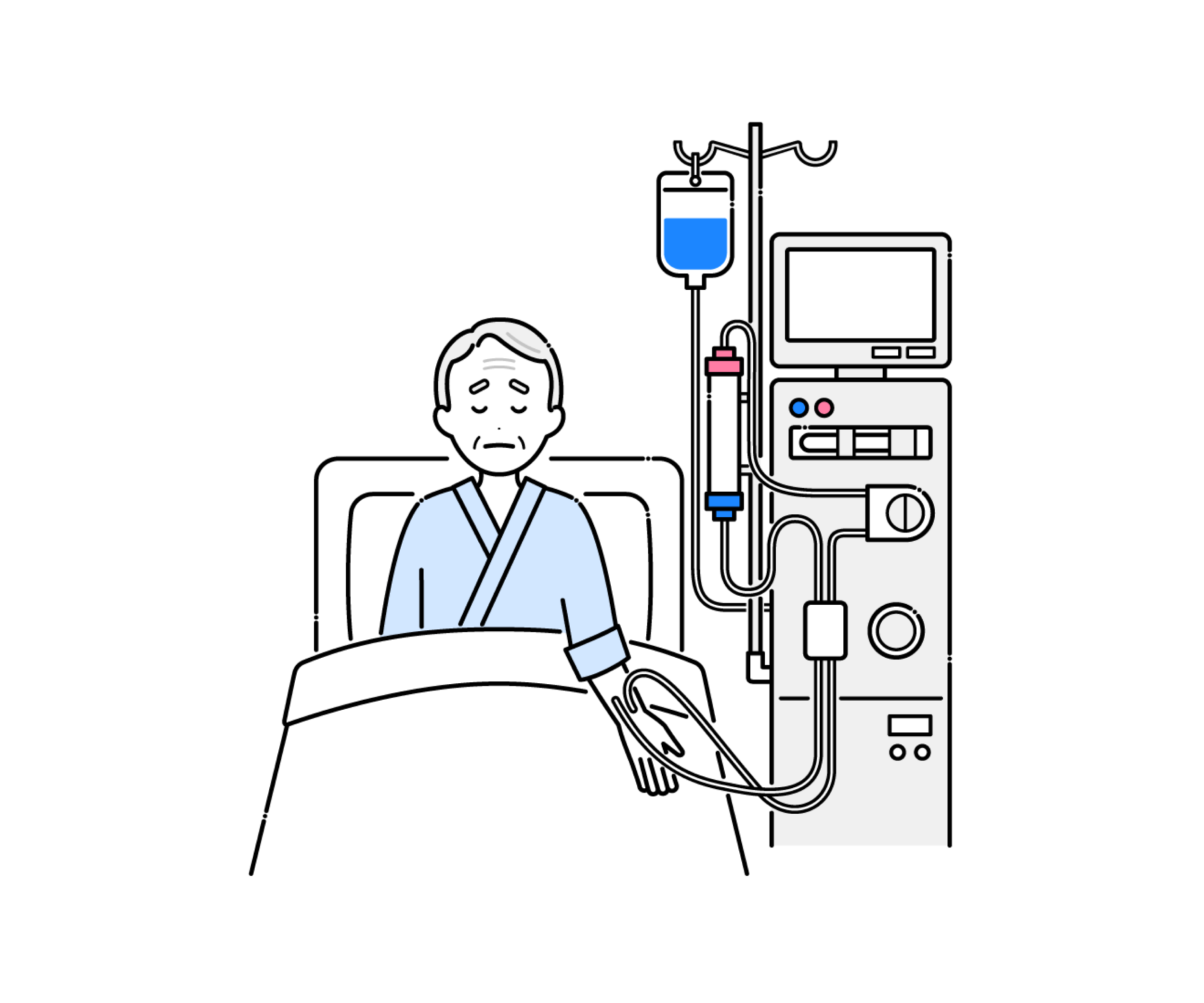 血液透析を行う高齢男性のイラスト