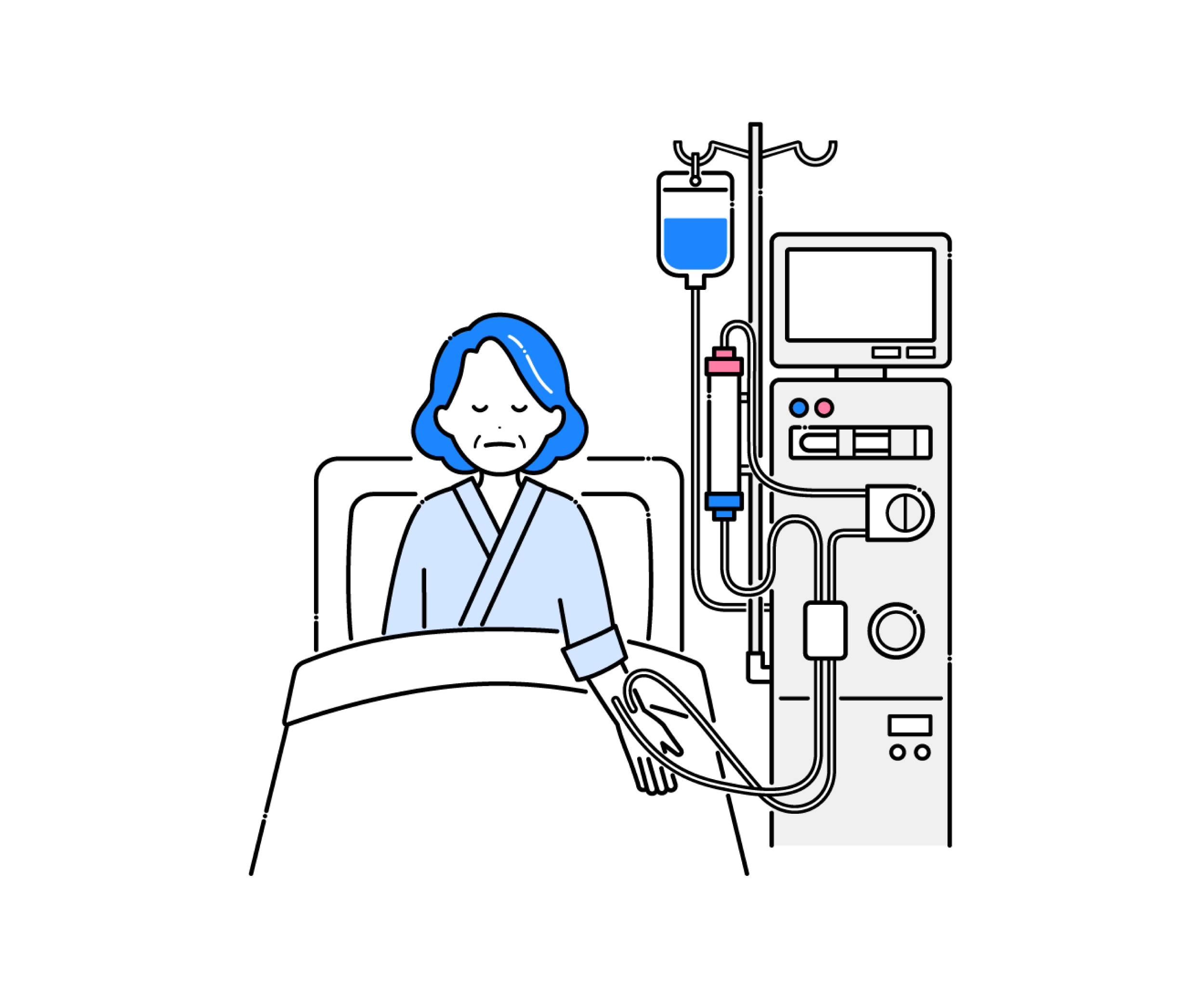 血液透析を行う高齢女性のイラスト
