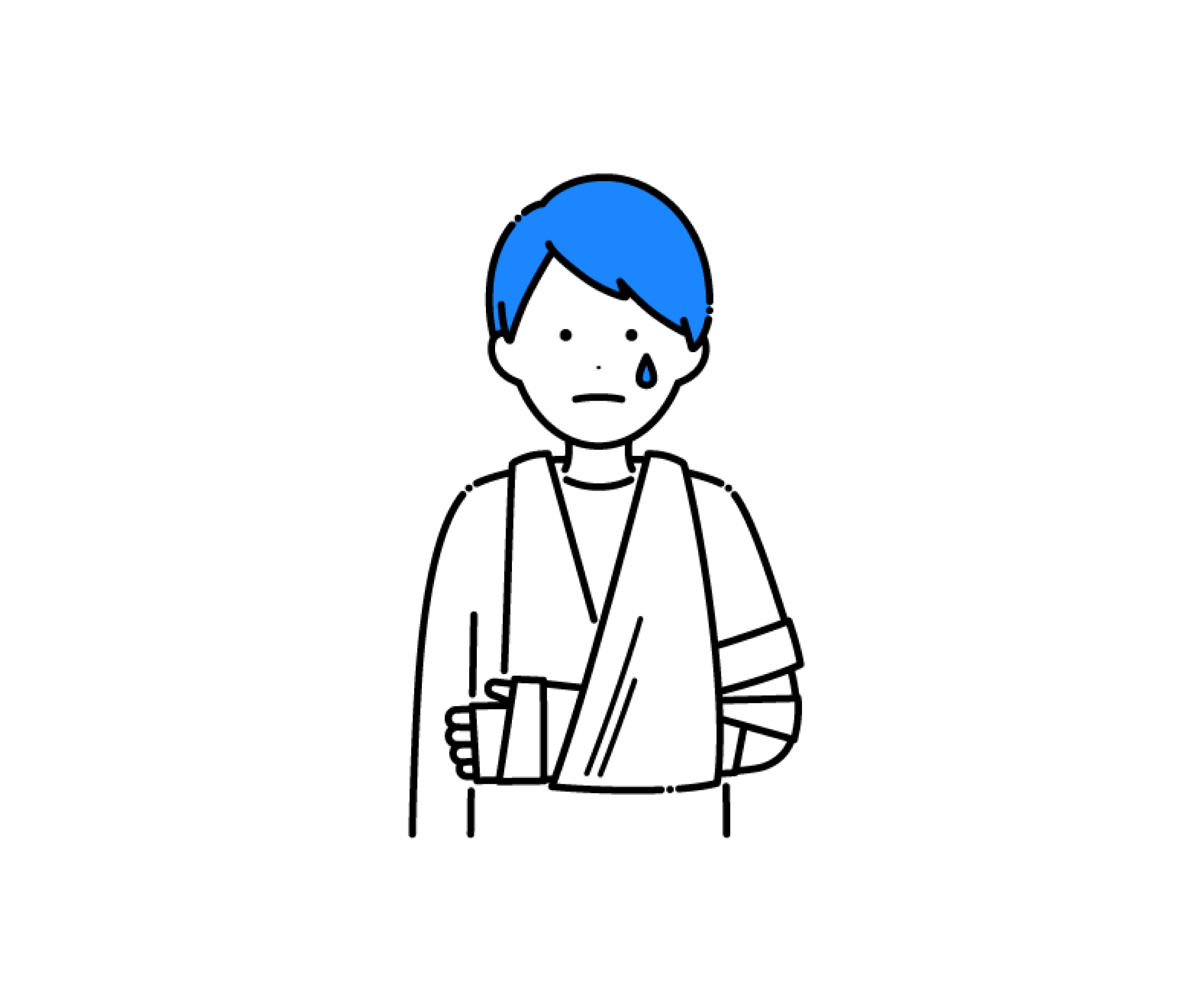 骨折して腕に包帯とギプスをつけた男性のイラスト
