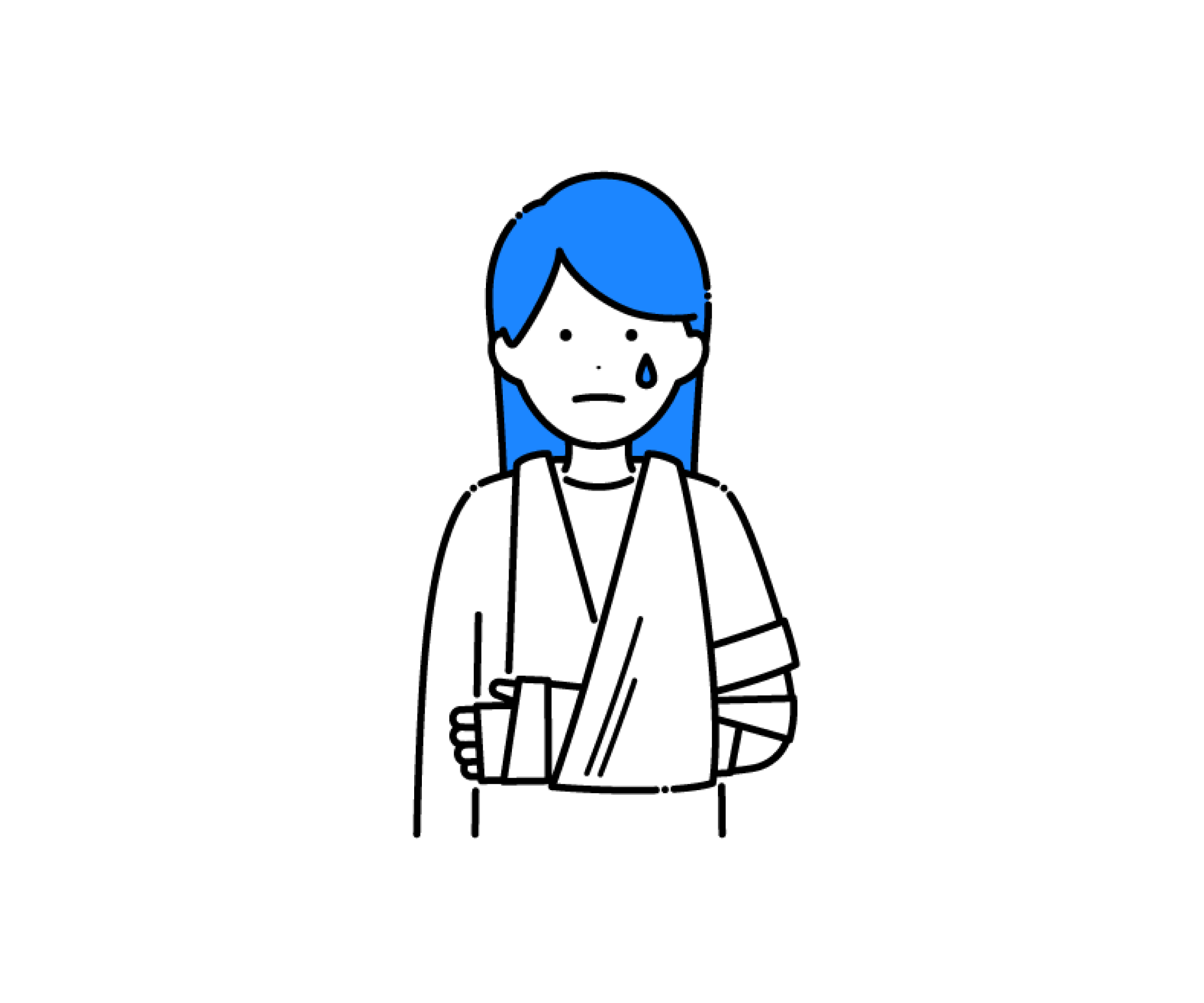骨折して腕に包帯とギプスをつけた女性のイラスト