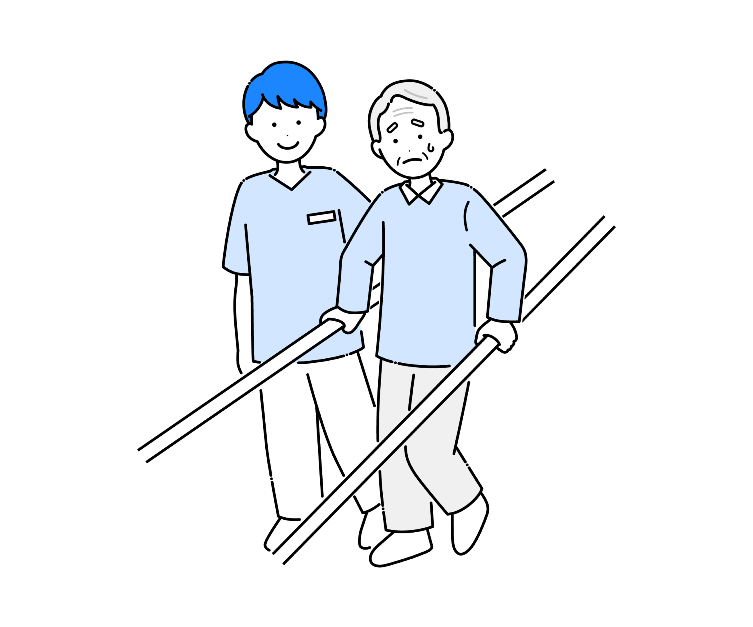 理学療法士と歩行訓練をする高齢男性のイラスト