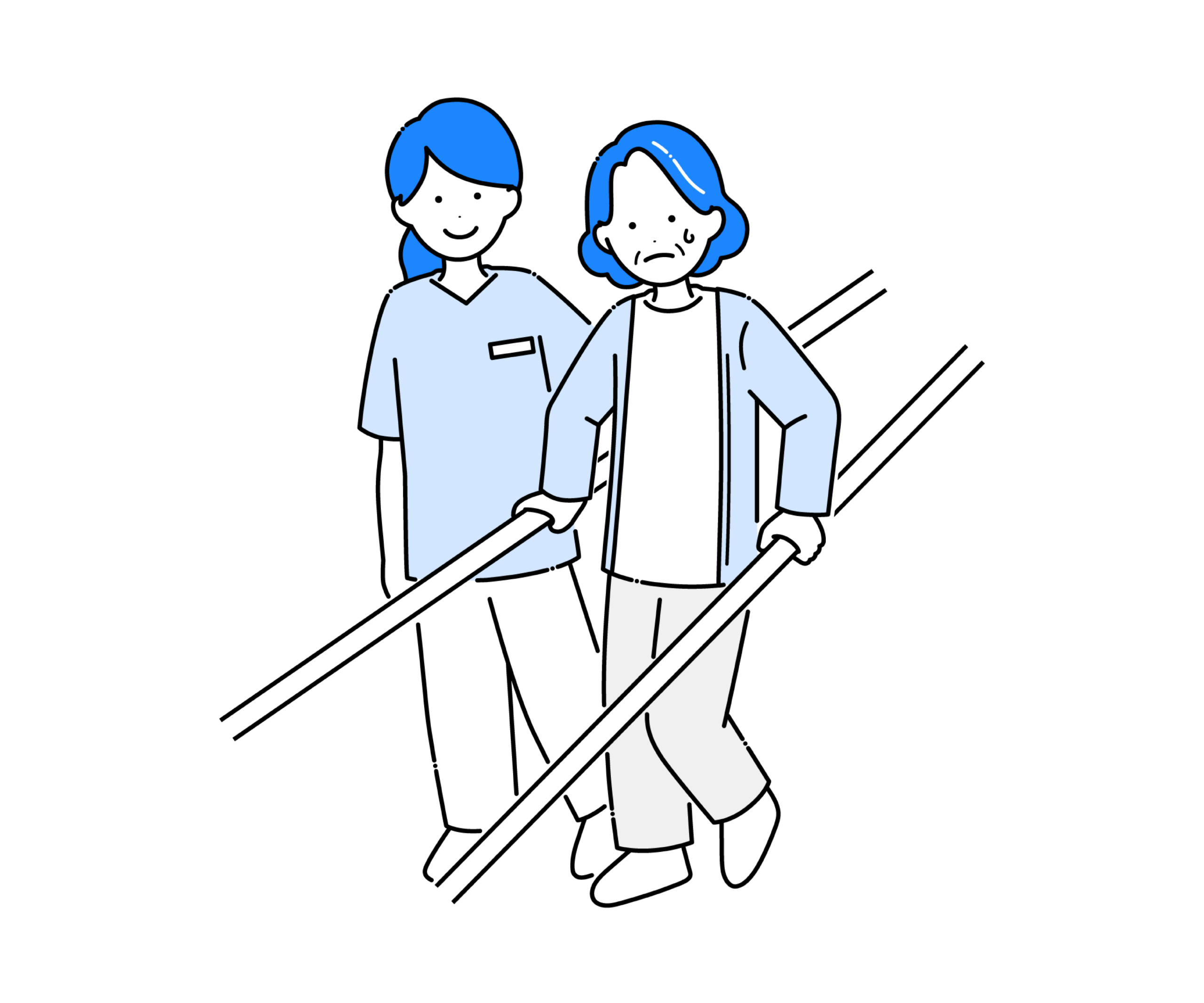 理学療法士と歩行訓練をする高齢女性のイラスト