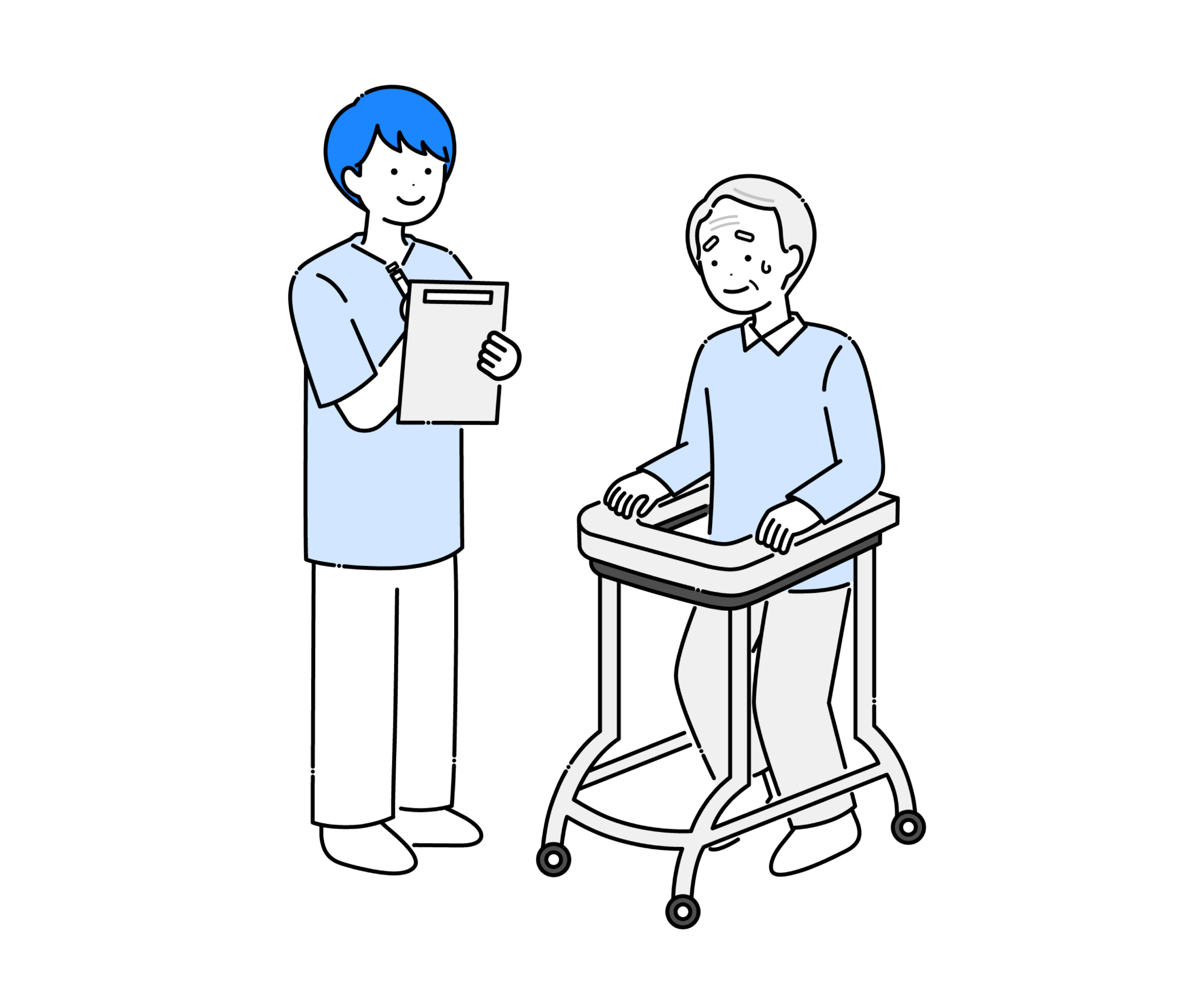 理学療法士と歩行器で歩行訓練をする高齢男性のイラスト
