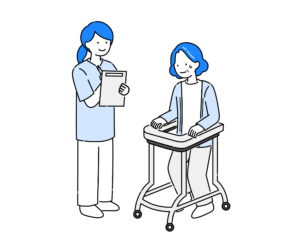 理学療法士と歩行器で歩行訓練をする高齢女性のイラスト